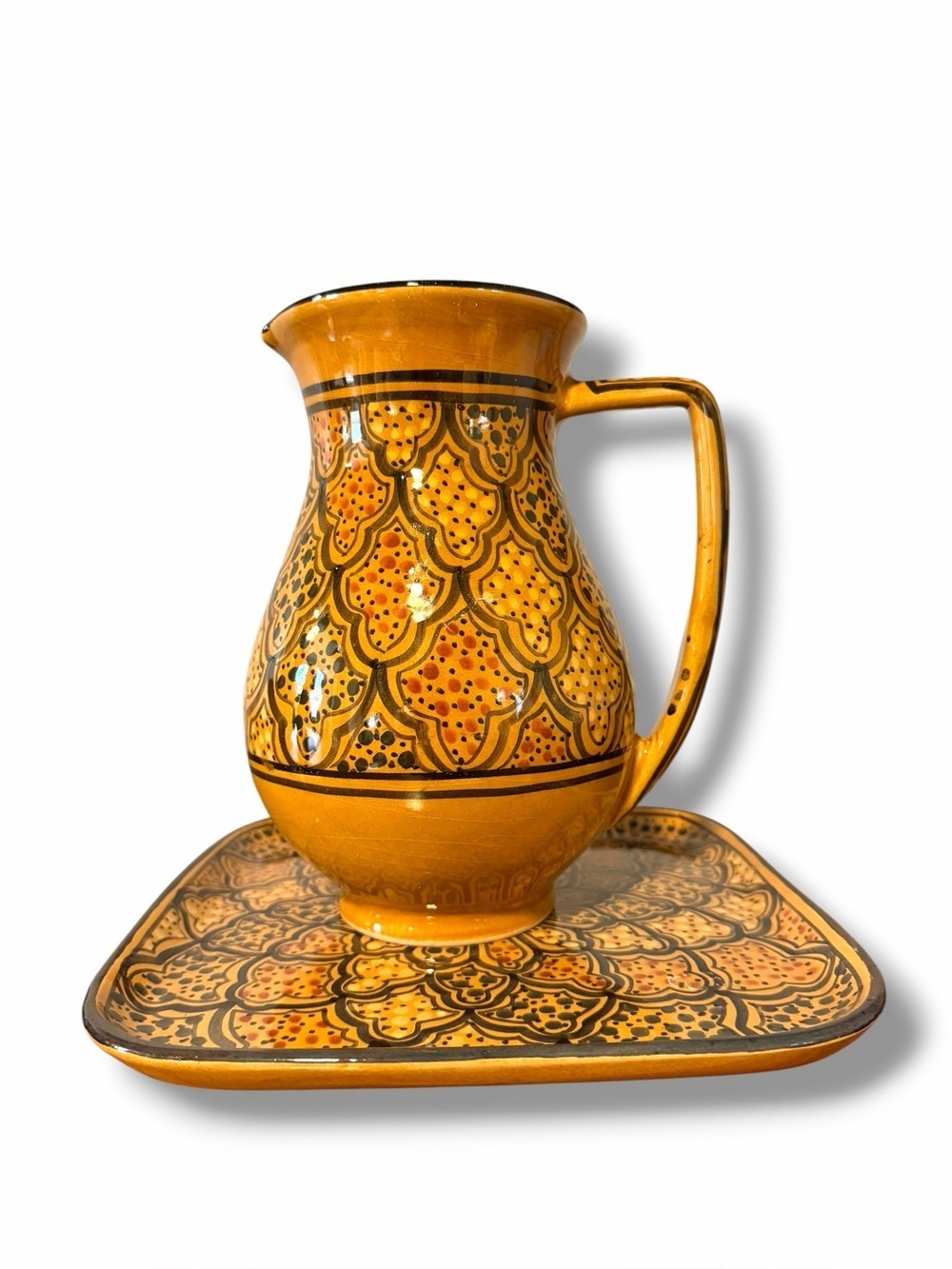 Pitcher and Plate Set Pottery Signed MADE IN TUNISIA Brown Honey Vintage